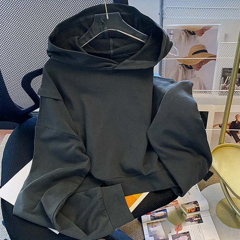 

Осенние однотонные винтажные корейские толстовки, Женский пуловер с длинным рукавом, толстовка с капюшоном, тонкие крутые уличные топы с вырезами, одежда