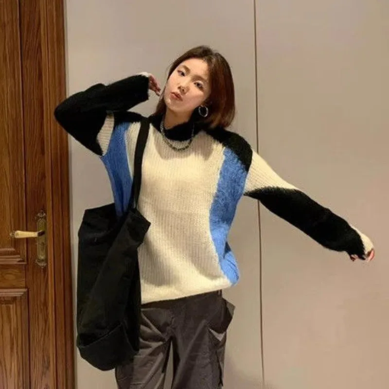 Женский пуловер с длинным рукавом винтажный трикотажный свитер контрастных