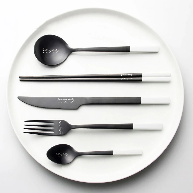 

Nordic Stainless Steel Cutlery Set Black and White Western Tableware Knife Fork Spoon Set Chopsticks Creative Silverware Set