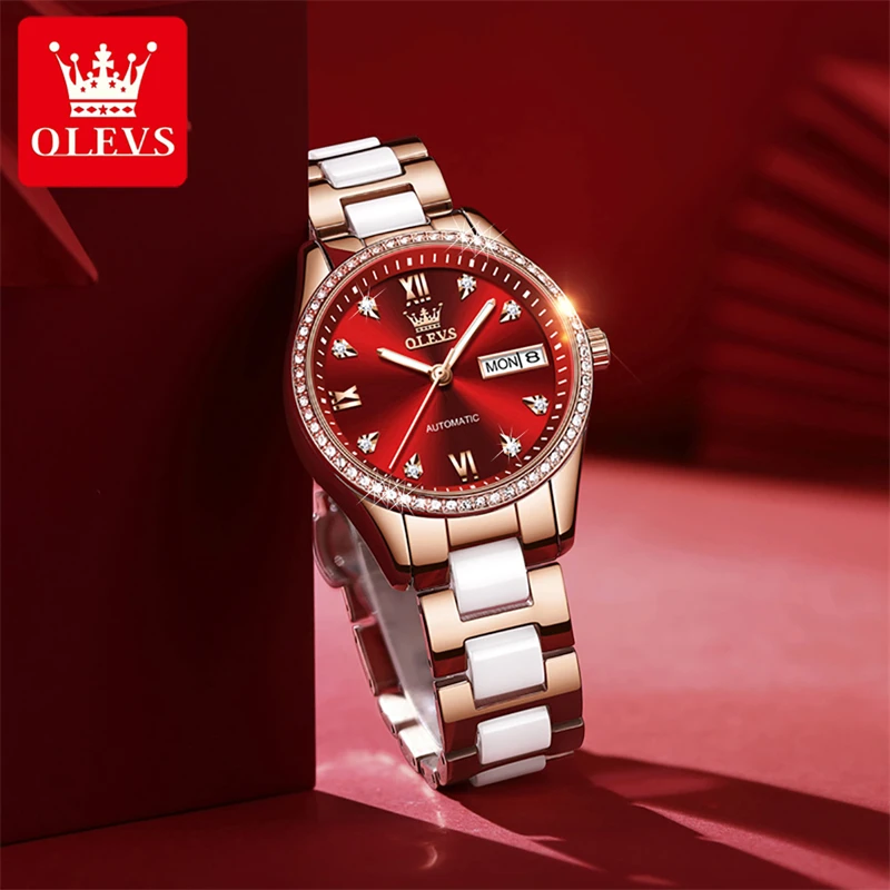 OLEVS Fashion Women Mechanical Watches Luminous Waterproof Luxury Diamond Ceramic Strap Week Calendar Automatic Watch For Women