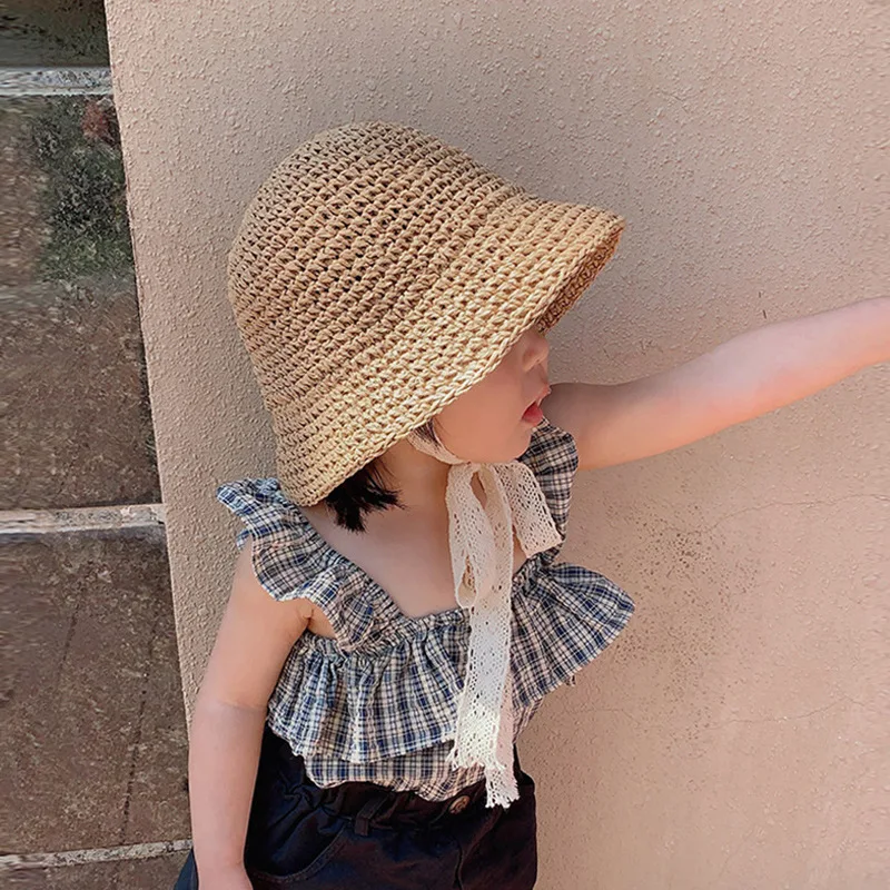 

Fashion Beach Sun Hat Lace Baby Hat Summer Straw Bow Baby Girl Cap Beach Children Panama Hat Princess Baby Hats Caps for Kids