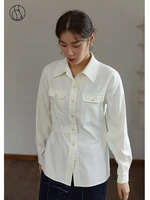 dushu womens detachable belt design commuter all match white shirt small slit pocket decoration women winter thicken blouses
