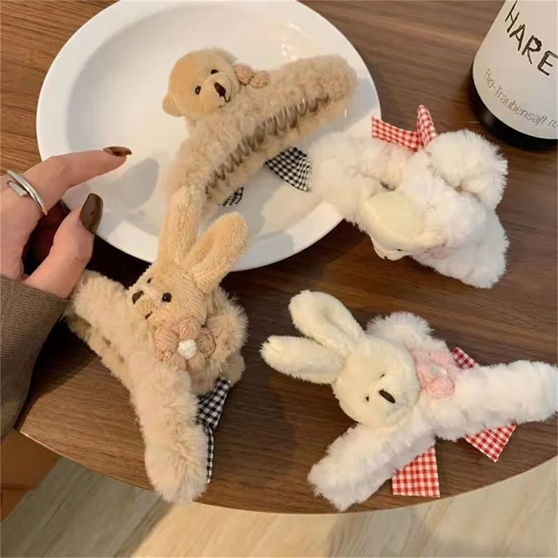 

Симпатичный мультяшный кролик медведь бант узел плюшевый зажим для захвата корейский стиль женские заколки для волос зажим для акулы