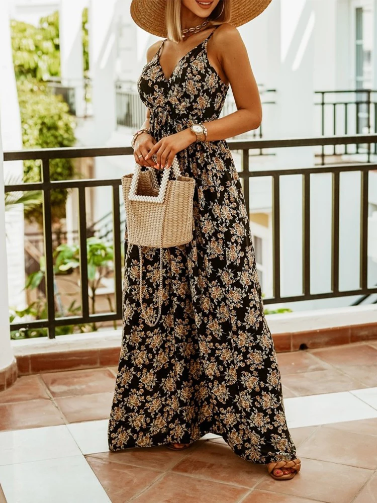 

Летние платья Shein Romwe 2022 в стиле бохо для женщин, платье с цветочным принтом, шифоновое платье на бретелях-спагетти Y2k, Vestidos Mujer, Повседневное п...