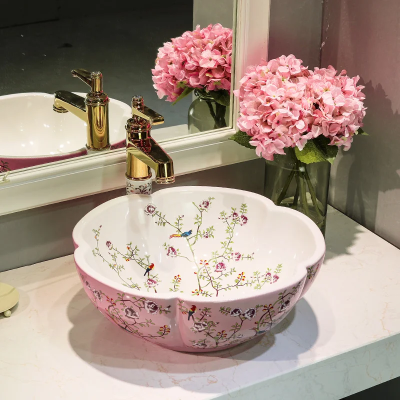 

Керамическая раковина для ванной комнаты, столешница розового цвета с цветами и птицами, фарфоровая, для умывальника
