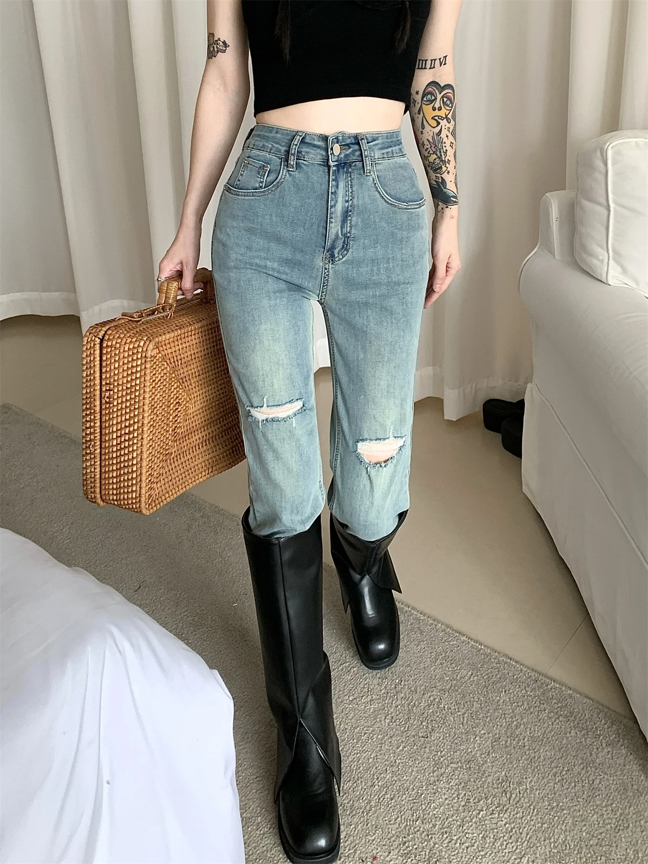 Fashion Gradient Color Ripped Cropped Jeans for Women 2023 Summer Retro High Waist Slimming and Straight Pants Female Student