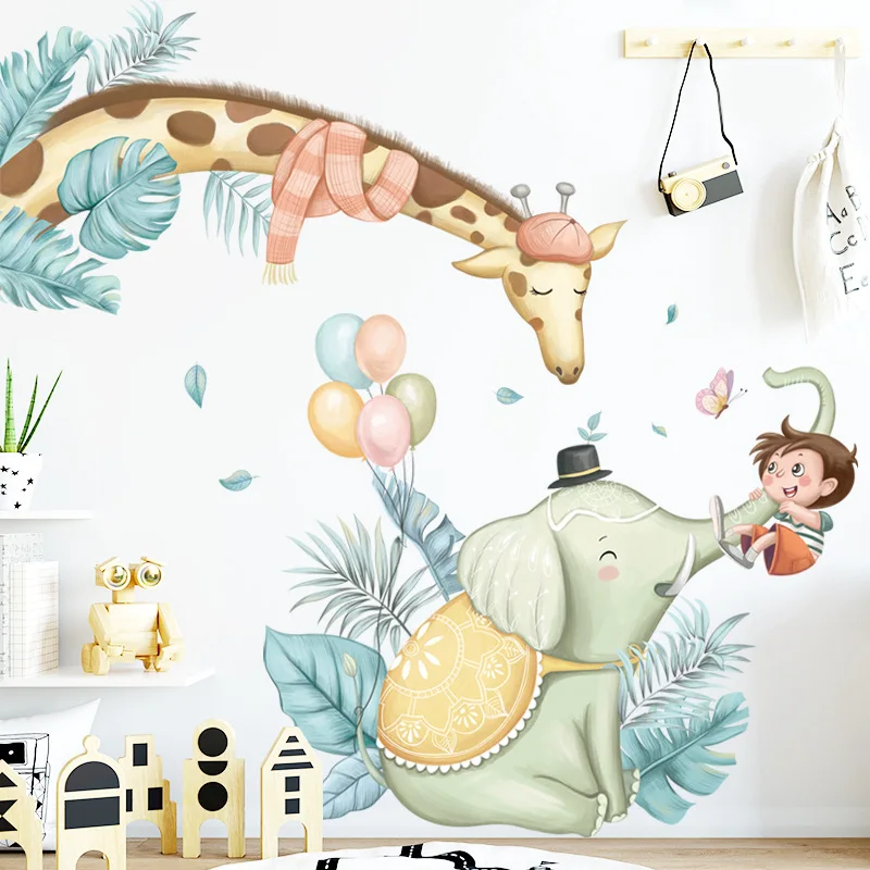 Giraffe Wallpapers Vinyl Self-adhesive Animal Wall Posters for Kids Bedroom Decoration Cartoon Elephant Wall Stickers