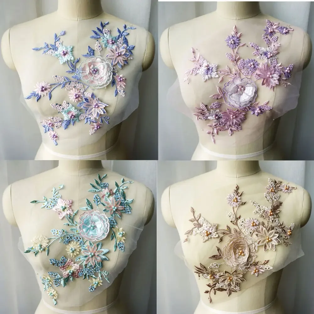 Коричневая фиолетовая розовая кружевная ткань 3D цветы Аппликации бусины вышивка