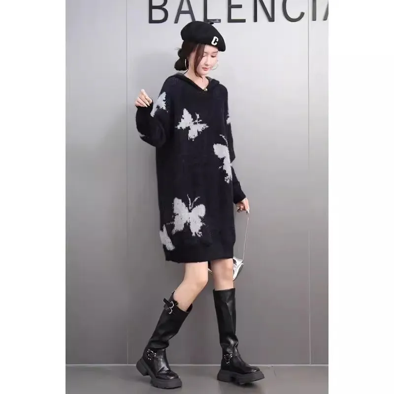 QING MO черный весна-осень 2023 новый женский пуловер с принтом бабочки свитер средней