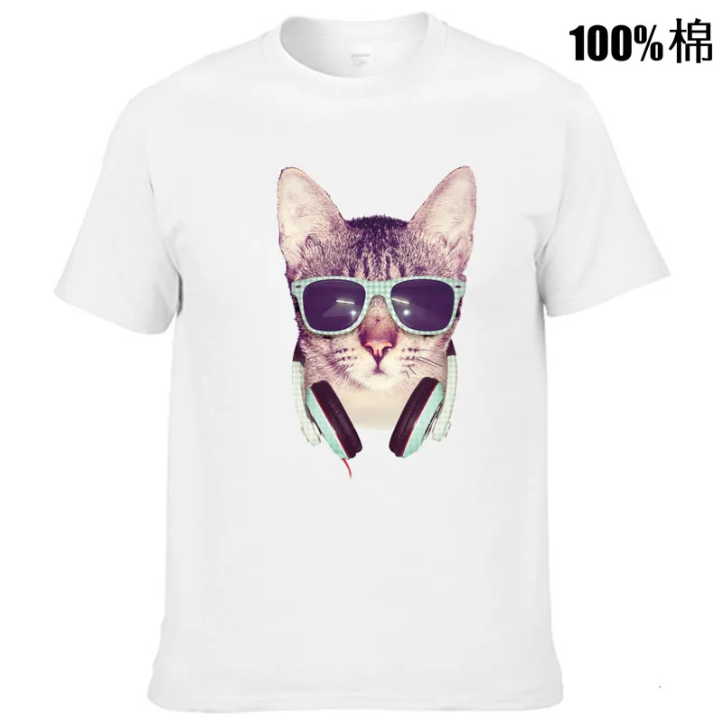 Мужская высококачественная футболка из 100% хлопка с забавным принтом DJ котом
