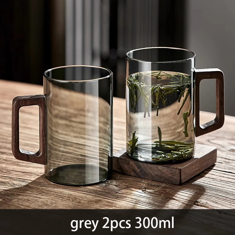 2/4/6 шт. стеклянные чашки с ручкой из орехового дерева, 300 мл, кофейная кружка, термостойкая чашка для приготовления чая, набор бытовых офисных стаканов для питья