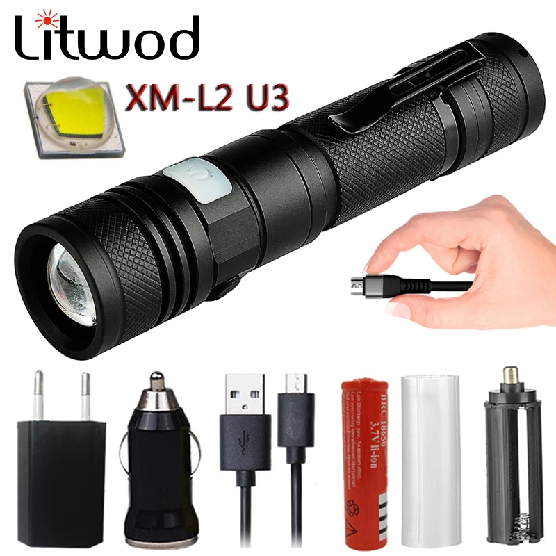 

Litwod XM-L2 U3 Micro USB Rechargeable LED Flashlight T6 Zoomable 5 Modes Aluminum Lantern Bulb Lamp Hiking Camping Torch