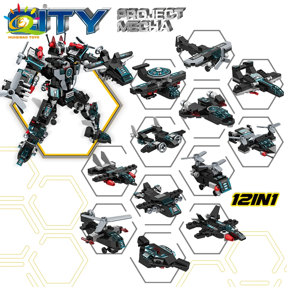 HUIQIBAO 611PCS 12in1 City SWAT Police Transform Robot Building Blocks Plane Helicopter Bricks Set Educational Toys for Children - купить по