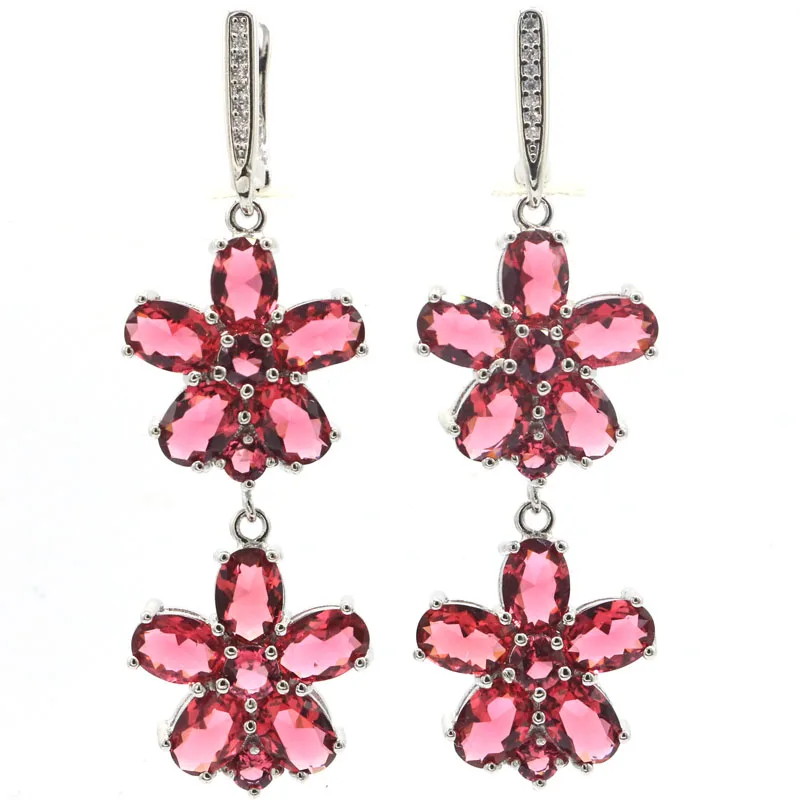 

57x18mm Bohemia Design Flowers Shape Pink Raspberry Rhodolite Garnet Swiss Blue Topaz White CZ Gift For Woman's Silver Earrings
