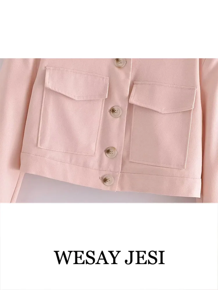 WESAY JESI TRAF Women Fashion Pink Jackets With Pockets Vintage Single Breasted Lapel Neck Long Sleeves Female Chic Lady Outfits images - 6