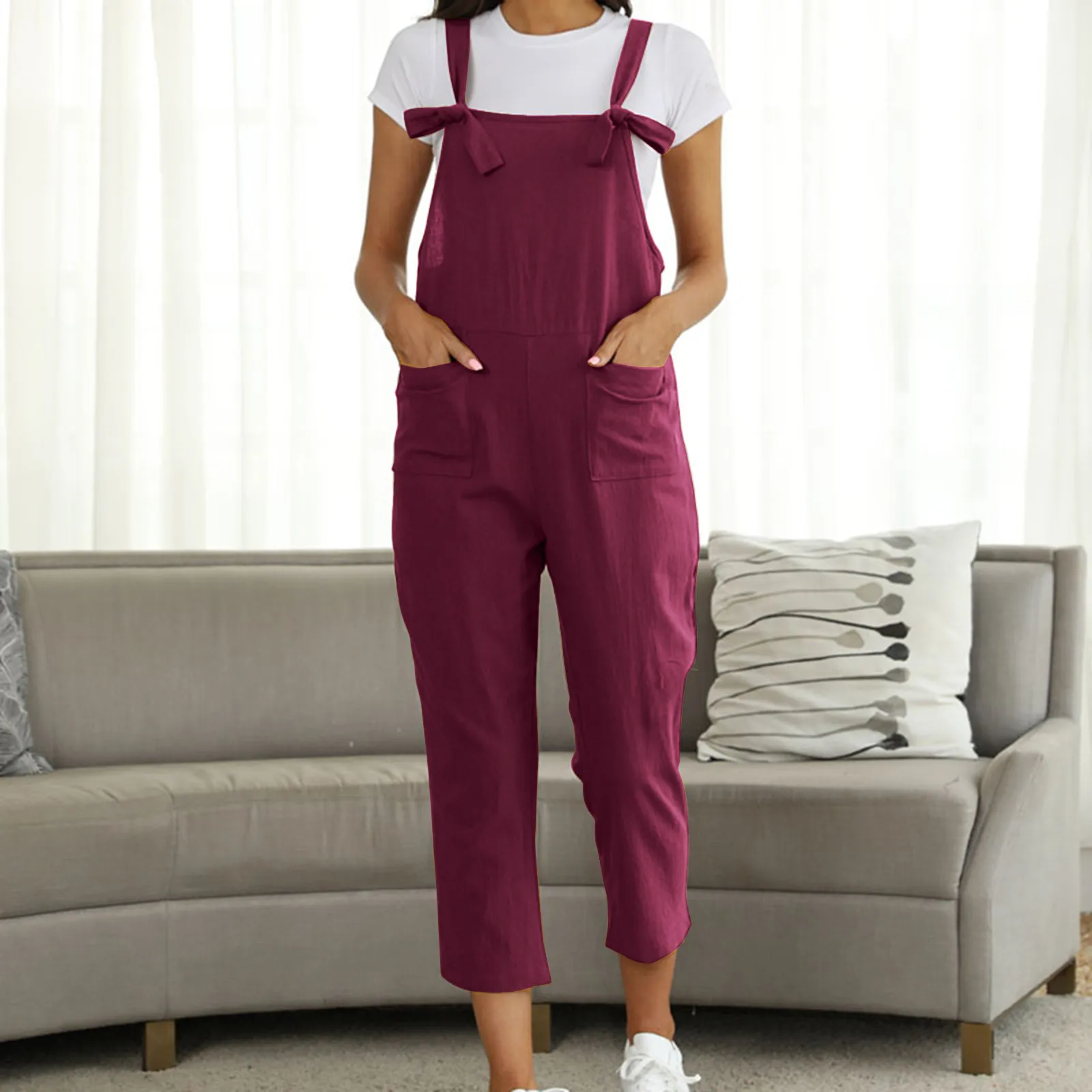 

Women Summer Soild Printed Casual Jumpsuit Pocket Daily Regular Loose Fit Sleeveless Jumpsuit Combinaison Femme