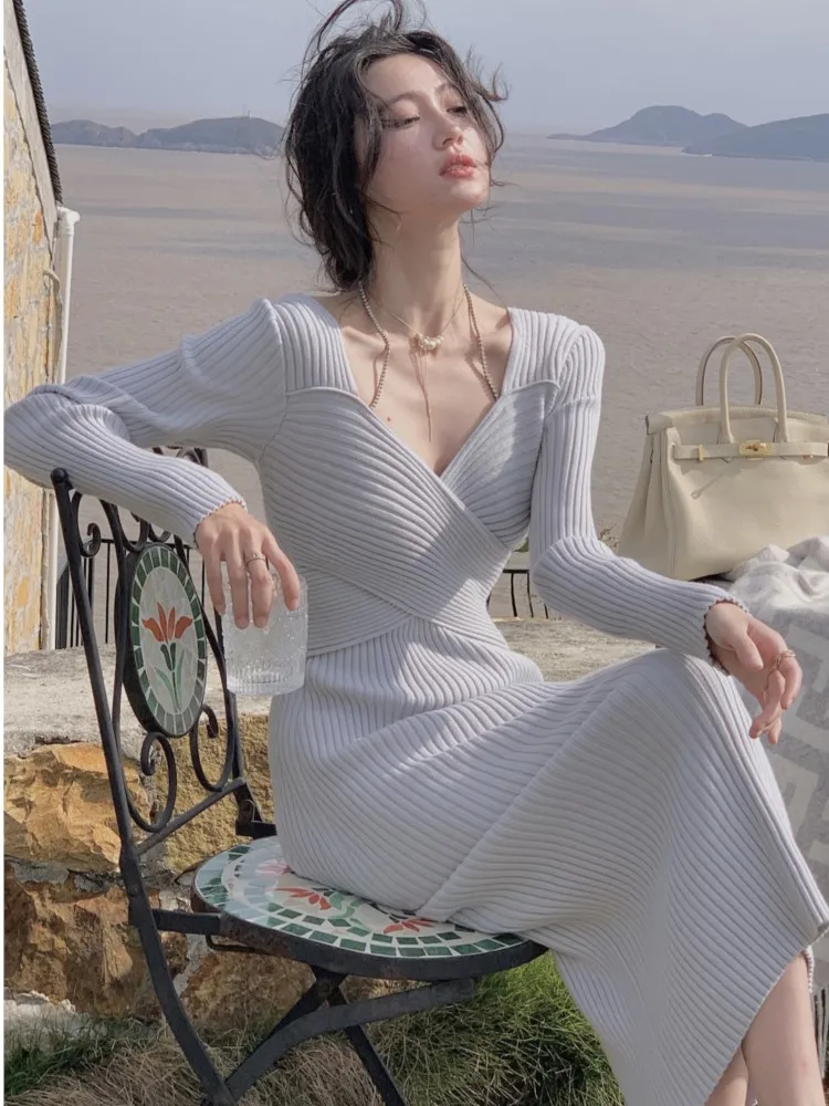 

Autumn Elegant Ribbed Knitted Dresses For Women Winter Bodycon Evening Party Dress Female Fashion Long Sleeve Vestidos