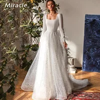 Tastefully A-Line Wedding Dress Alluring Square Bridal Gown New Backless Dresses Twinkling Long Sleeve Lace Vestido De Novia