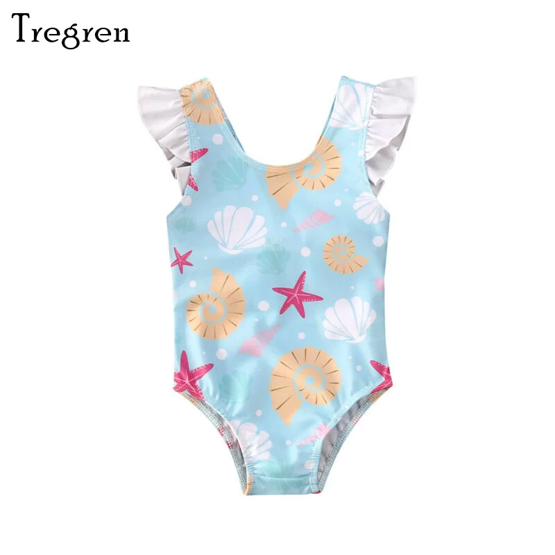 

Детский купальник Tregren с принтом в виде ракушек, купальник для маленьких девочек с оборками на рукавах, летний купальный костюм, пляжная одежда для бассейна