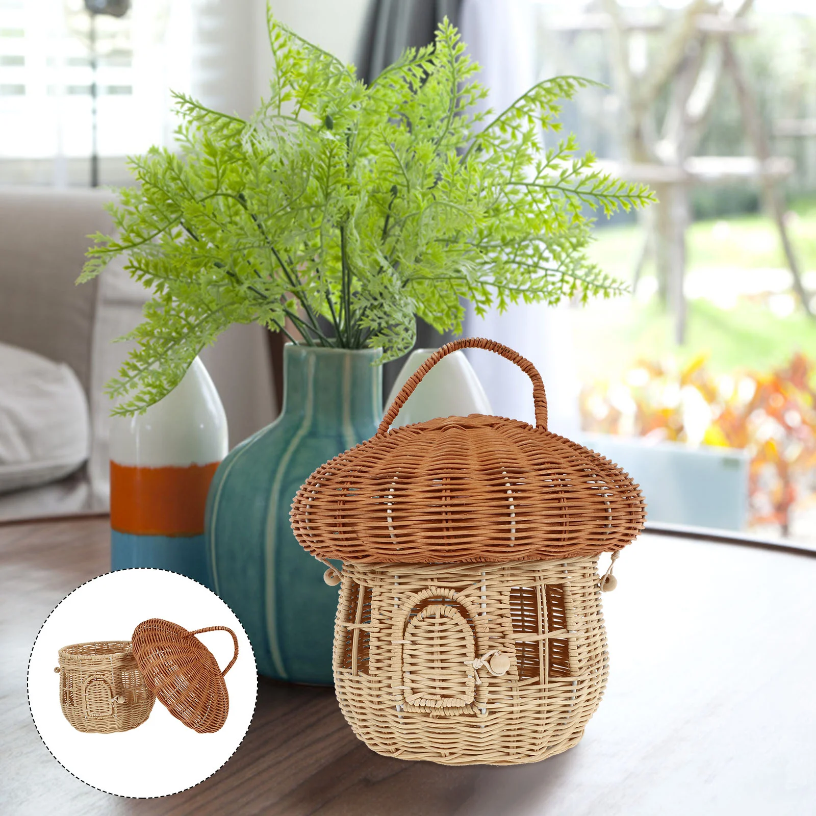 Basket Storage Baskets Woven Wicker With Lid Rattan Mushroom Home Liddedpicnic Portable Hamper Small Lids Shape Decoration