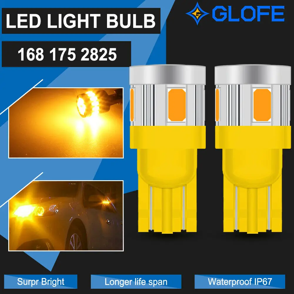 

2X Glofe 168 194 192 2825 T10 6Smd Led Side Marker Light Bulb Amber Yellow 3000K