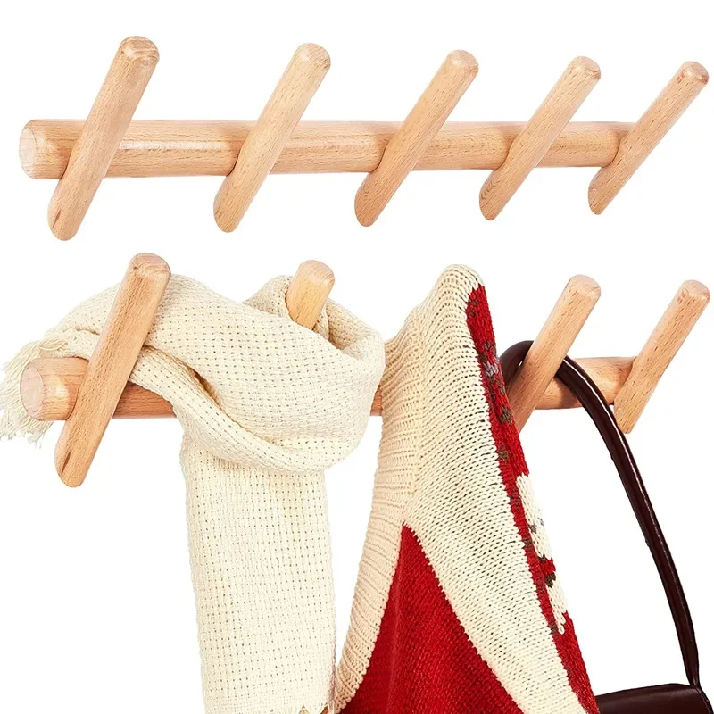 

Настенная вешалка для пальто, шляп, 5 крючков, прочная деревянная вешалка для прихожей с колышками из бука, аксессуары для спальни, ванной комнаты, дизайнерский домашний декор