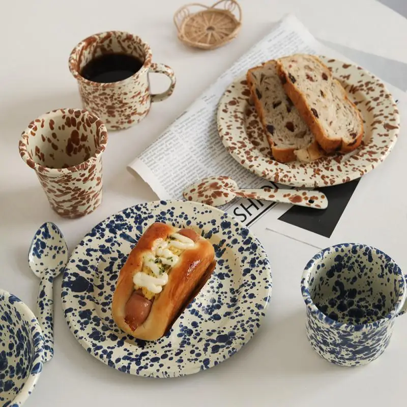 

Splash-ink Antique Tableware Enamel Turquoise Mug Korean Ins Same Breakfast Bread Plate Yogurt Cereal Bowl Tableware