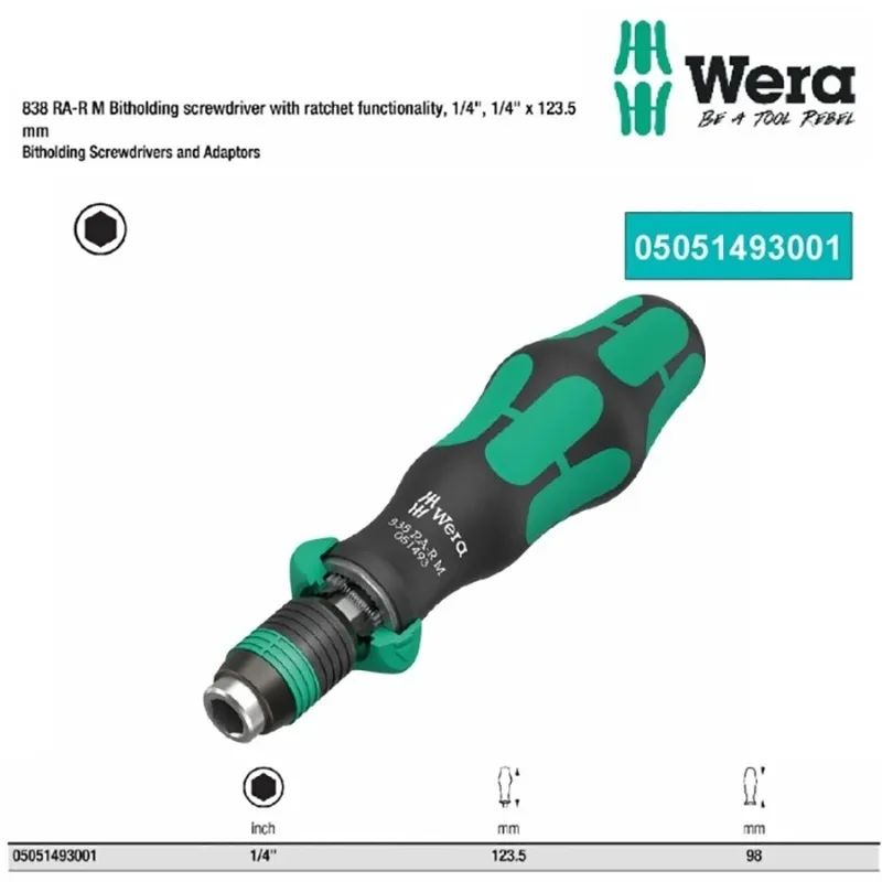 Фото WERA 05051493001 Отвертка с храповым механизмом и быстроразъемным патроном, многокомпонентная ручка 1/4 x 123,5 мм 838 RA-R M №3