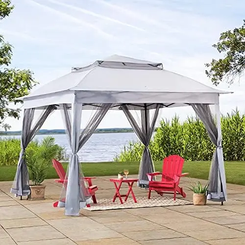 ft. Pop-Up Instant Gazebo, Outdoor Portable Steel Frame 2-Tier Top Canopy/Tent with Netting and Carry Bag, Gray Cat figurine Min