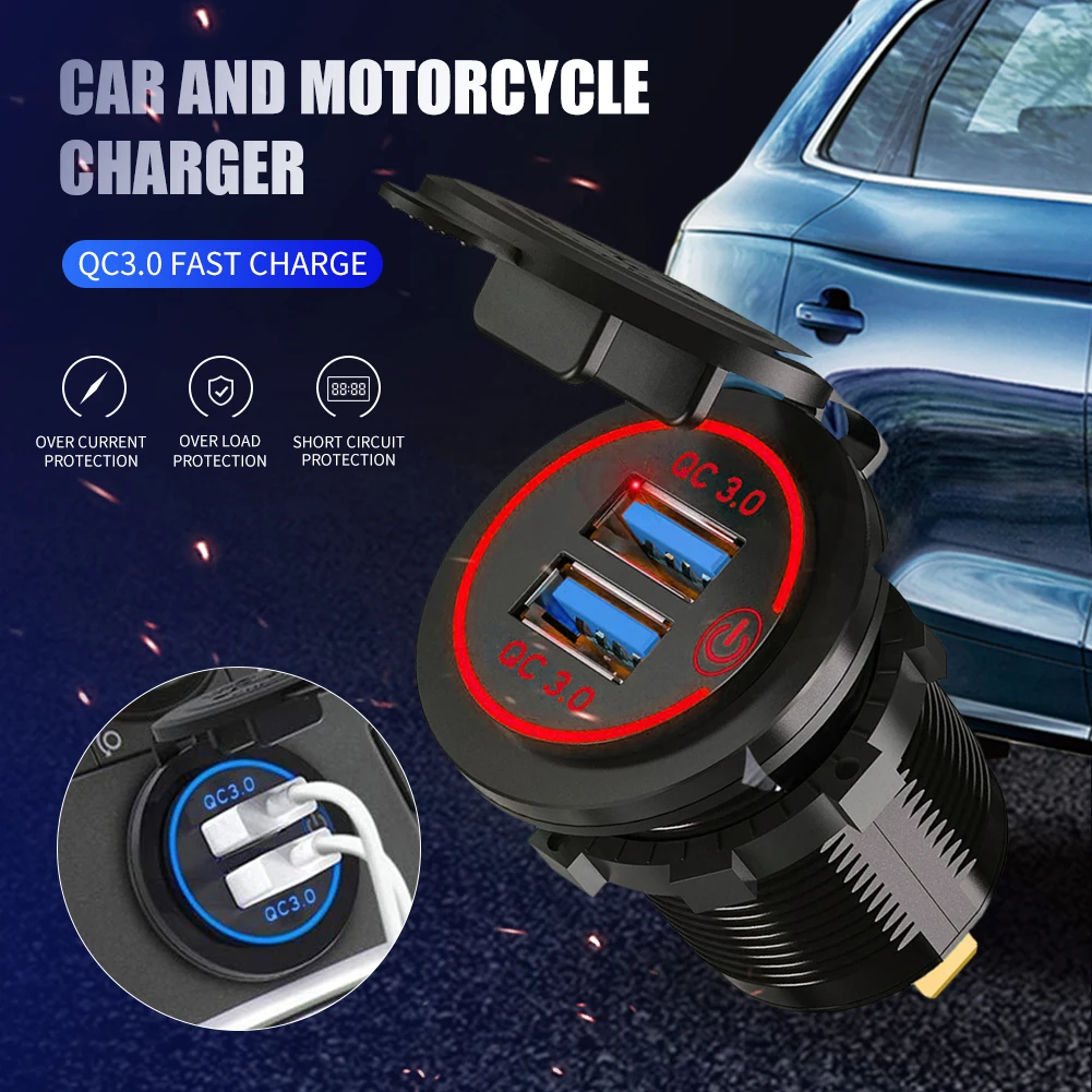 

Car Charger DC12V/24V Quick Car Charger Dual USB Fast Charging Adapter with Dust Cover Switch for Car Motorcycle RV Yacht Ship
