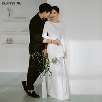 kaunissina long sleeve wedding dress o neck satin floor length simple white bridal gowns open back sexy bride dresses
