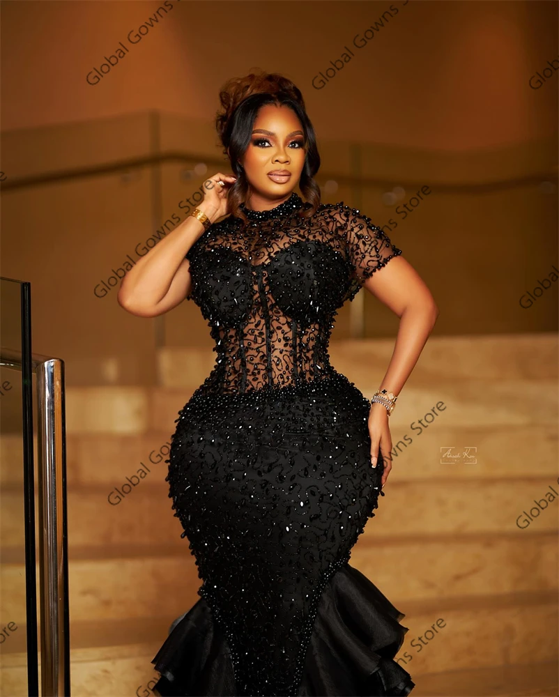 Блестящие черные оборки Aso Ebi Вечерние платья с кристаллами из бисера 2024, роскошное платье на день рождения с круглым вырезом, вечернее платье русалки по индивидуальному заказу (art.: 3920cb144f475) - 3920cb144f475