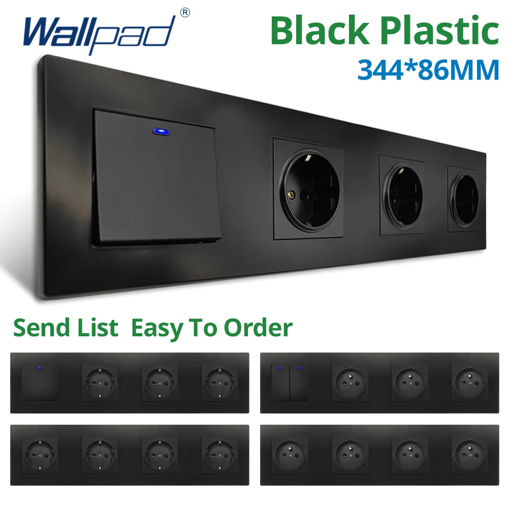 

Wallpad 344*86mm Black PC Panel 1 2 3 Gang 2 Way Wall Switch With LED Indicator EU Power Socket Outlet Plug AC 110V 220V