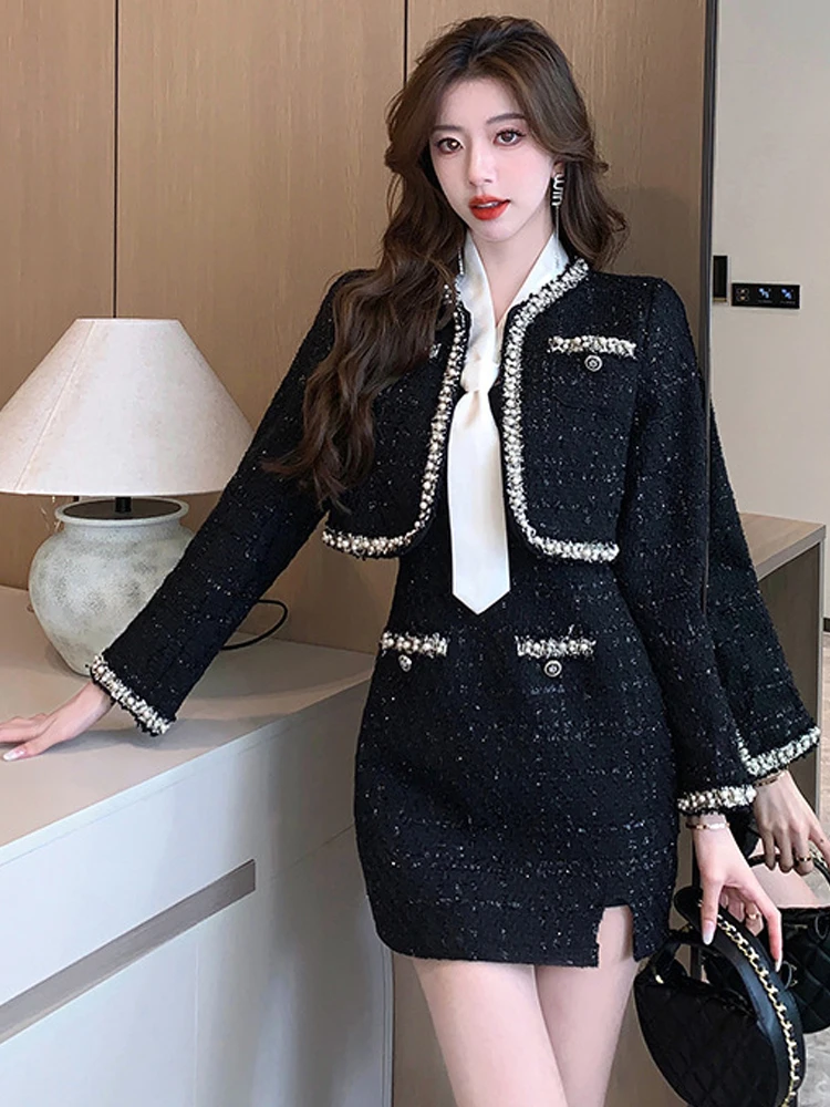 Модный винтажный черный твид комплект из 2 предметов женская одежда пальто топы