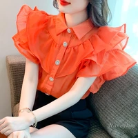 2022 summer new ruffled shirt for lady temperamental chic top short sleeve single breasted orange blusas womens clothing top
