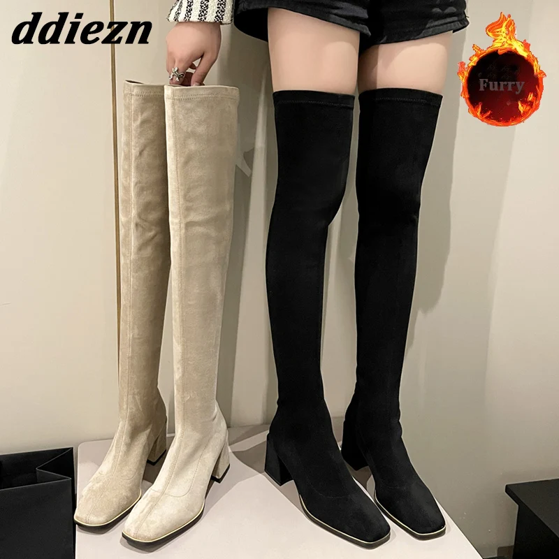 

Зимние женские Сапоги выше колена с мехом, модные женские высокие сапоги до бедра, сапоги на каблуке, женские эластичные длинные сапоги, повседневные туфли-лодочки