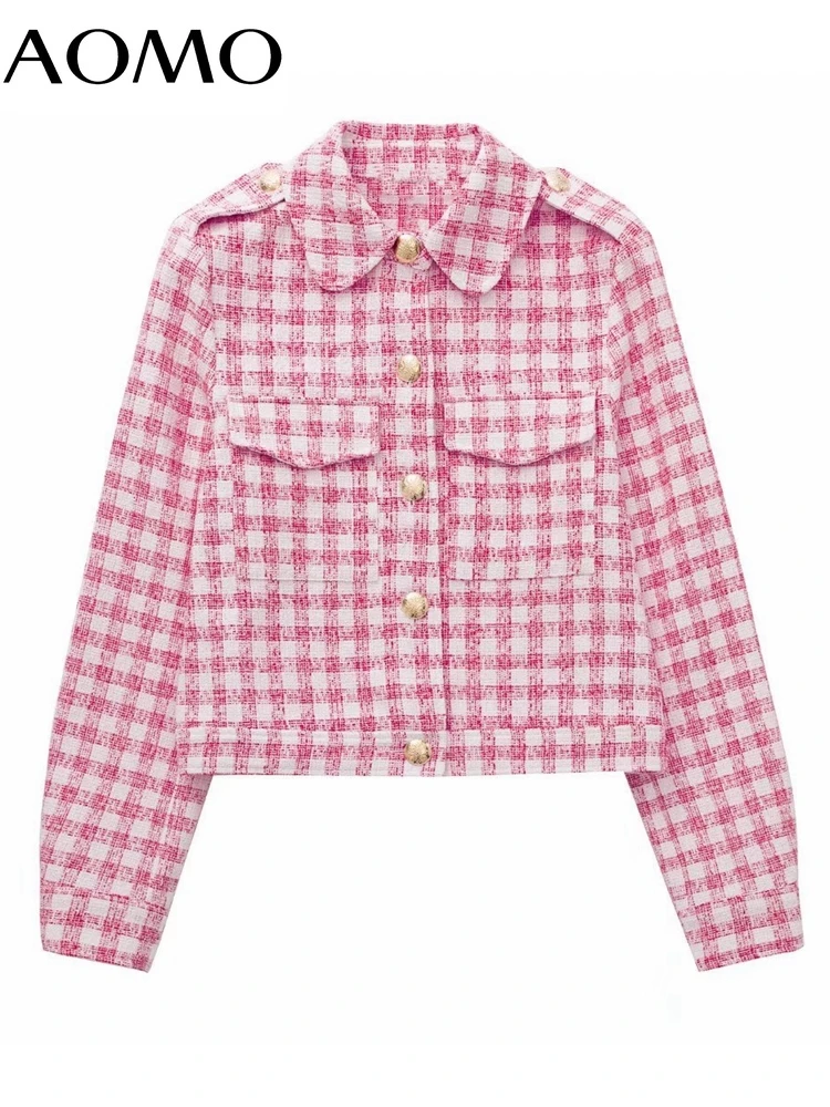 

AOMO Women Pink Tweed Crop Blazer Female Long Sleeve Elegant Jacket Ladies Blazer Suits 3H406A