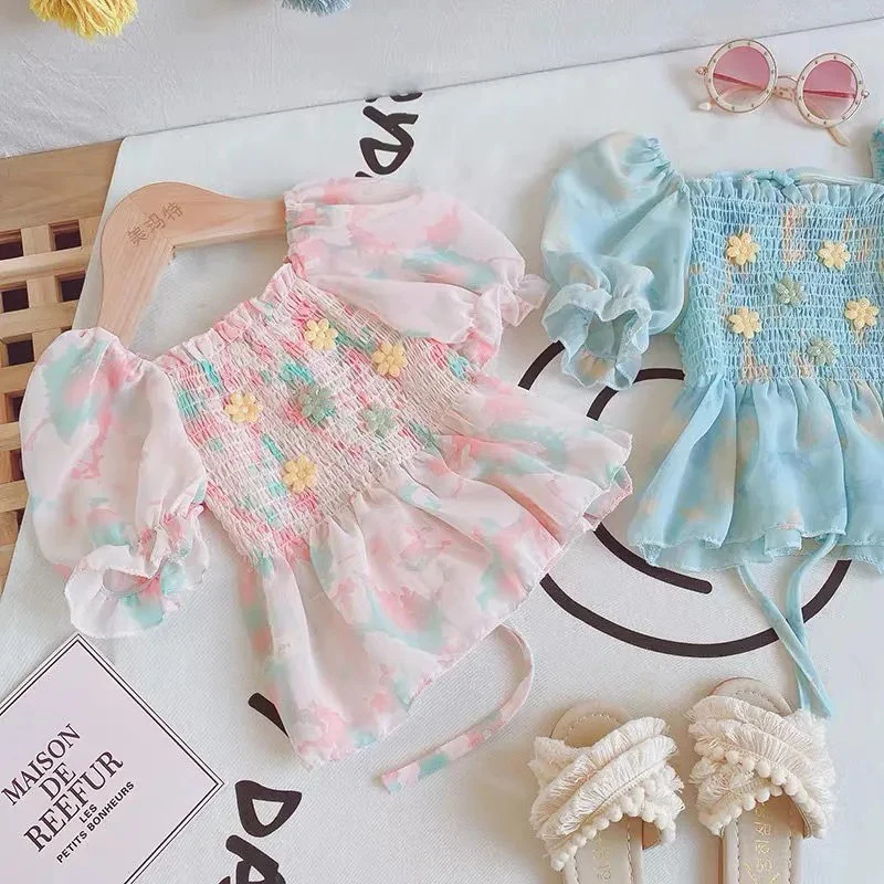 

Sweet Baby Girls Floral T-Shirt New Square Collar Short Sleeve Girl Tops Summer Korean Style Princess Tees 1-6Y