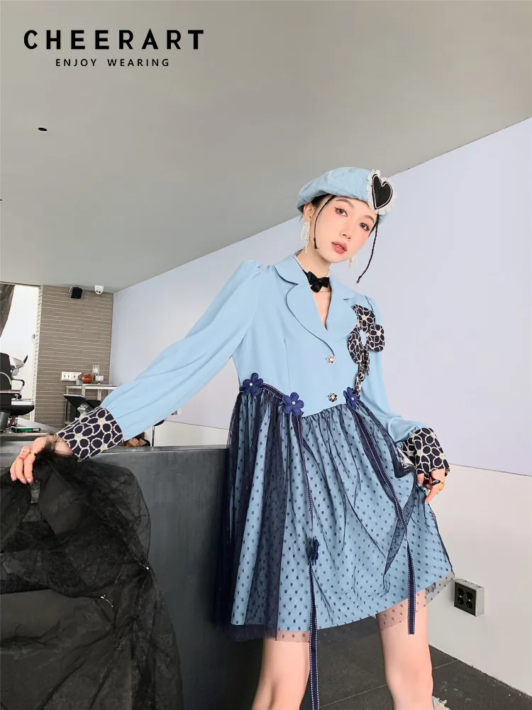 CHEERART Autumn 2022 Designer Mesh Patchwork Blazer Dress Women Aqua Blue Dot Floral Patch Puff Long Sleeve Korean Fashion Dress