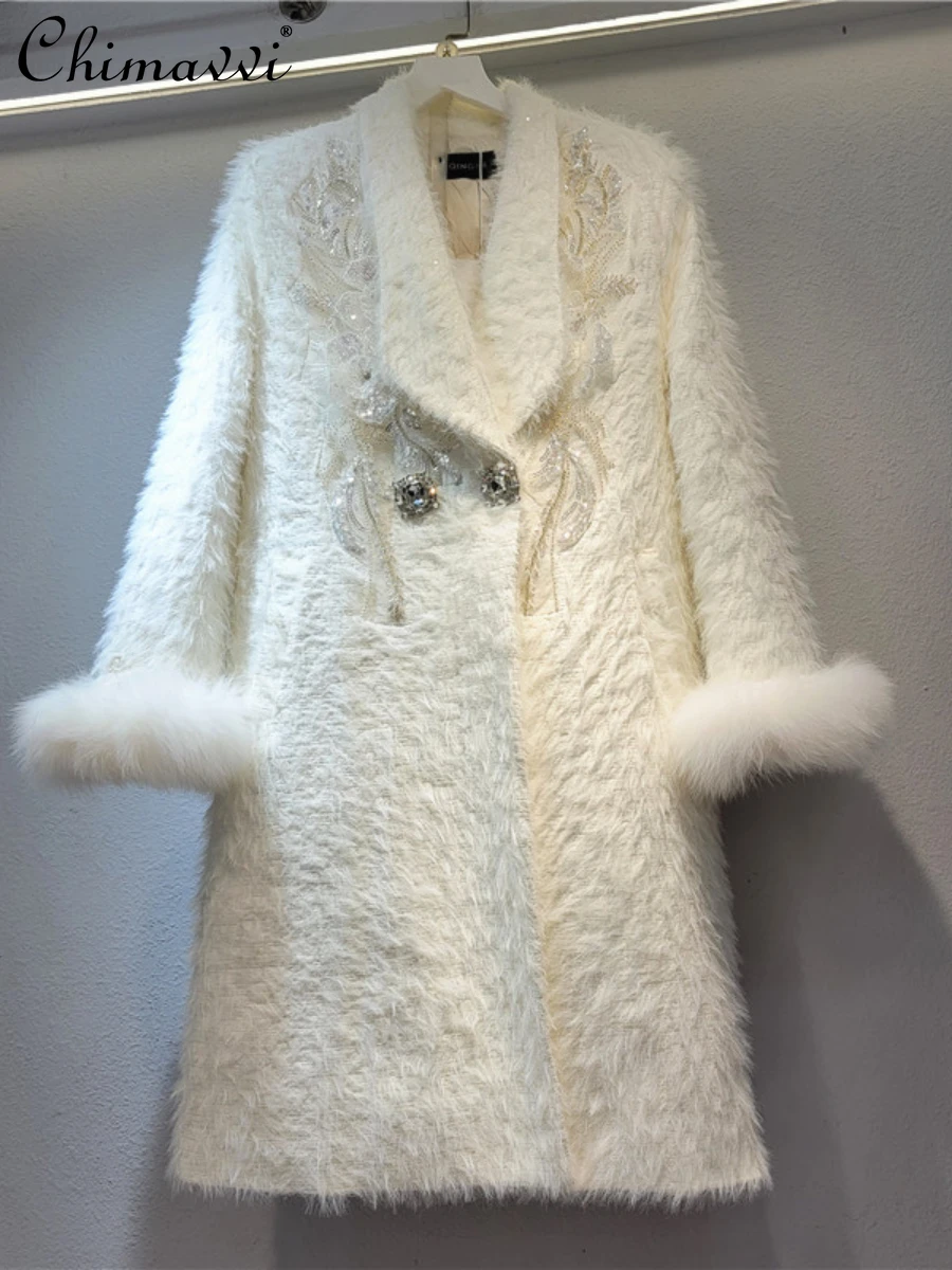 

Женское шерстяное толстое пальто, новинка зимы 2023, изысканные элегантные куртки средней длины из лисьего меха с блестками