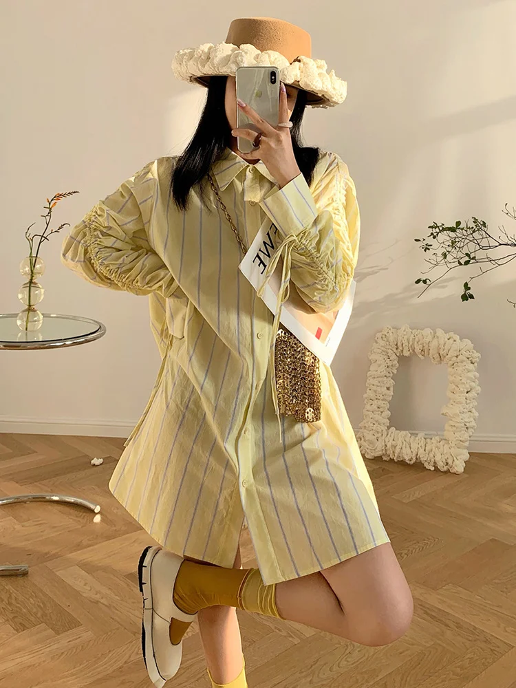 

Yellow Stripe Shirt Lapel Single Breasted Loose Long Sleeves Shirts For Women 2022 Summer Trendy Top Korean Style B921