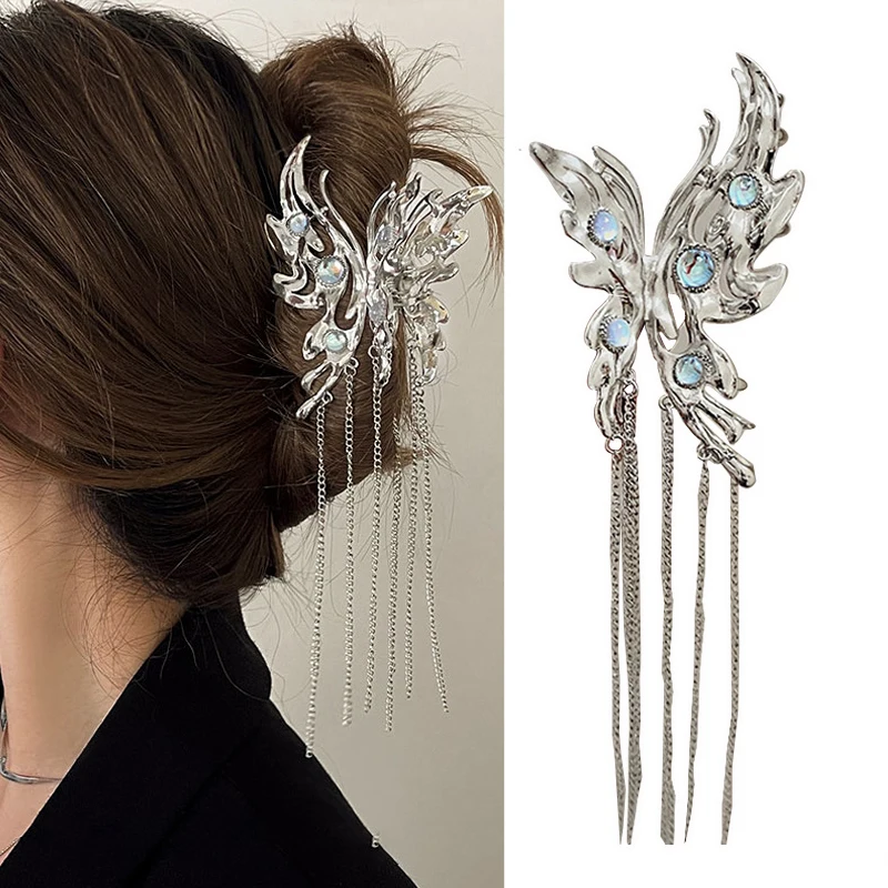 

Opal Stone Butterfly Metal Hair Clip for Women Girls Fashion Long Tassel Hair Claw Grab Shark Hair Clamp Pinza Pelo Mujer