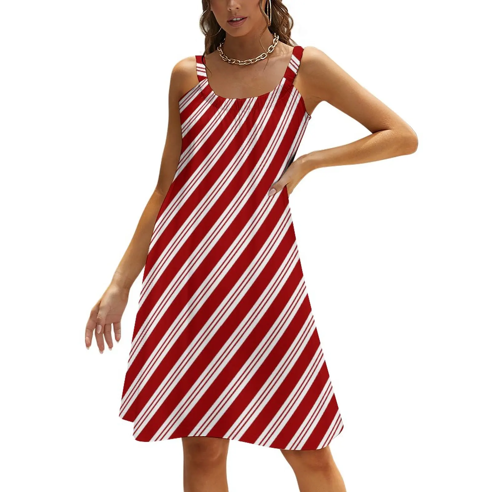 

Red Line Dress Christmas Candy Cane Stripes Modern Dresses Women Korean Fashion A Line Sundress Date Print Oversized Vestidos