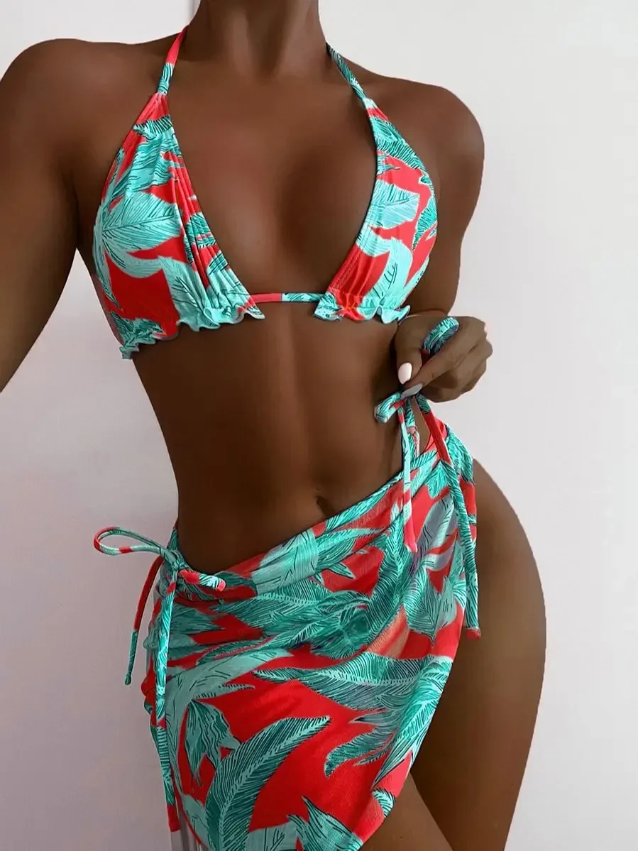 Tie Dye Холтер с рюшами бикини женский микро купальник из 3 предметов комплект