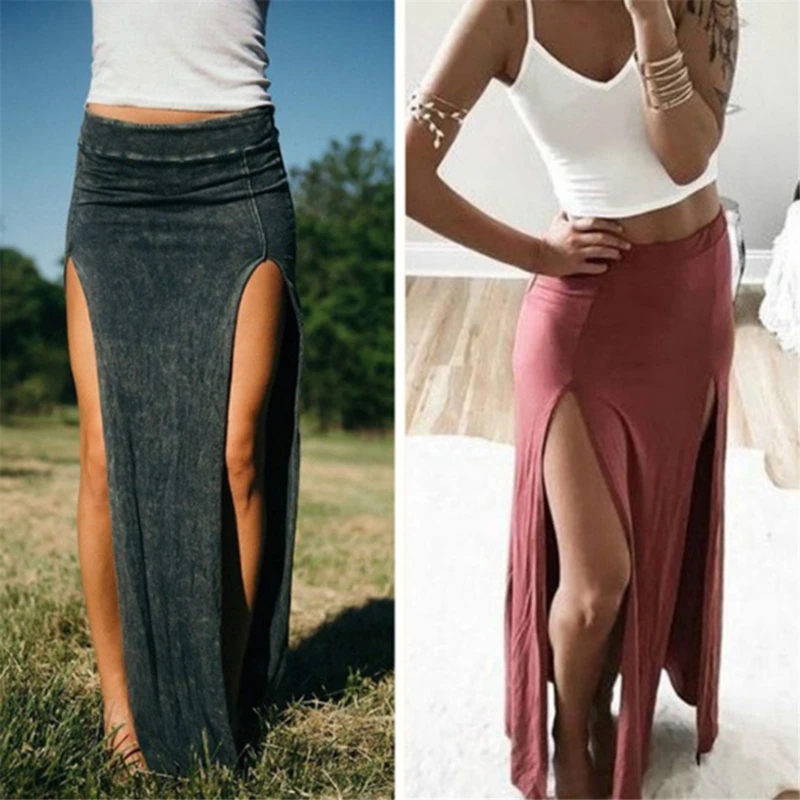 

2023 New Arrival High Waisted Sexy Womens Double Slits Summer Solid Long Maxi Skirt Wholesale Valentine's Day Gifts