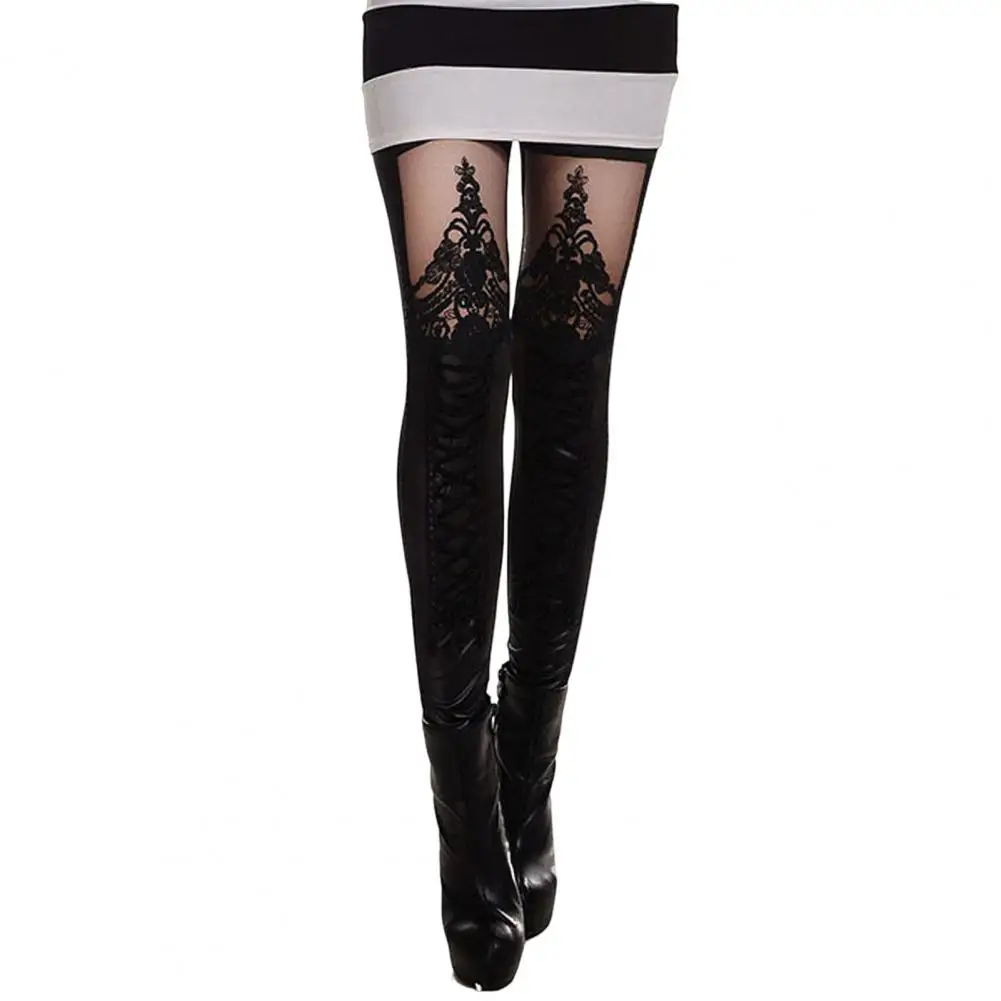 

Mid-Rise Elastic Waistband See-through Embroidery Lace Stitching Cross Bandage Faux Leather Pants High Elasticity Skinny Long