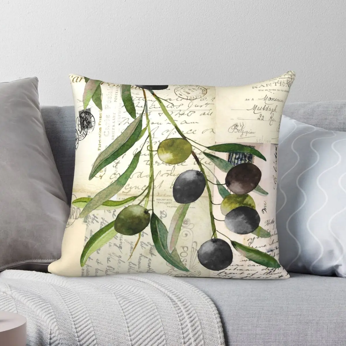 

Olivia I Olive Branch Postcard Square Pillowcase Polyester Linen Velvet Creative Zip Decorative Sofa Seater Cushion Cover
