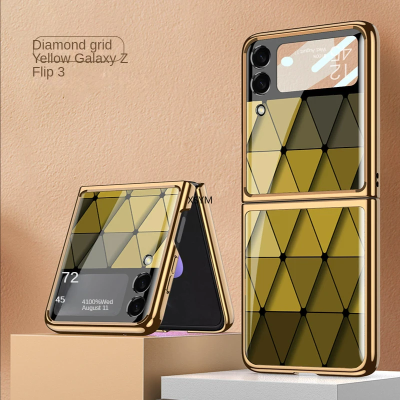 

Applicable To Samsung Galaxy Z Flip3 Mobile Phone Case Galaxy Z Flip3 Electroplated Glass Painted Anti Falling Protective Cover