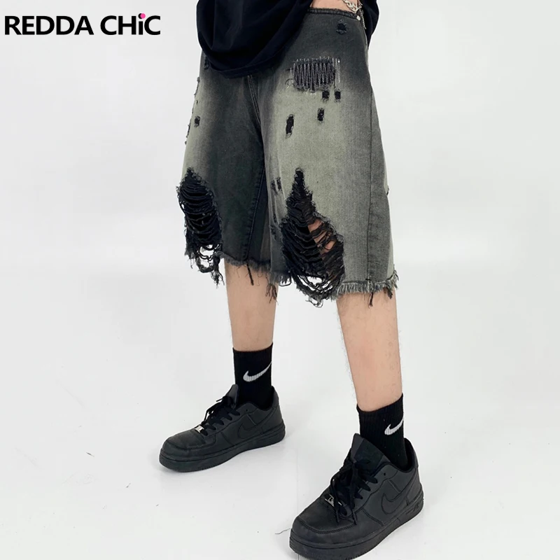 REDDACHiC Ripped Women Denim Shorts Elastic Waist Harajuku Street Destroyed Smoke Gray Gradient Lady Grunge Y2k Jean Knee-Length