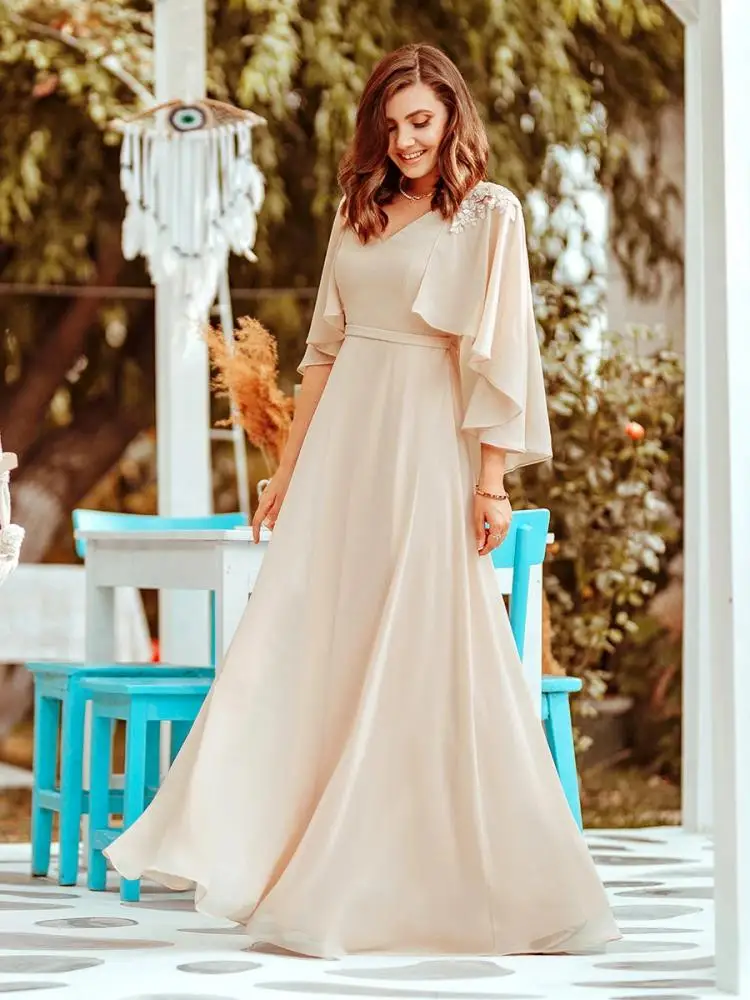 

Elegant Chiffon Evening Dress Women's V Neck Backless Wholesale Ever Pretty 2022 Bridesmaid Dresses With Wraps Vestidos De Gala